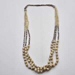 Multi-Strand Necklace Women‎ Cream Silver Boho Layered Beaded Style